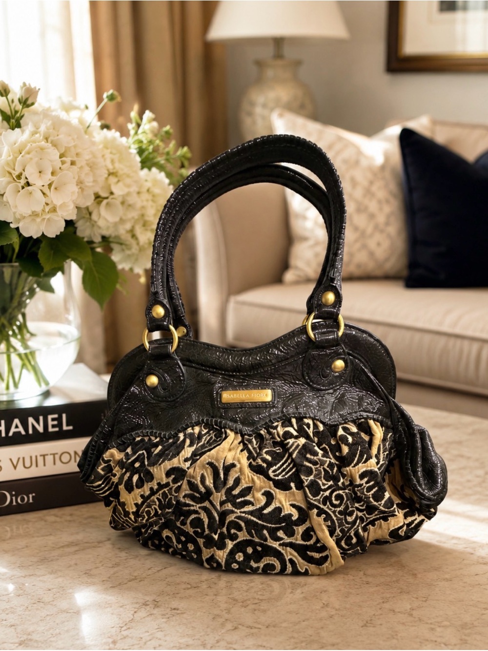 Isabella Fiore Black & Gold Brocade Satchel carpet style French Victorian bag